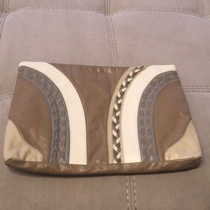 Clutch purse beige and gray and bone and taupe